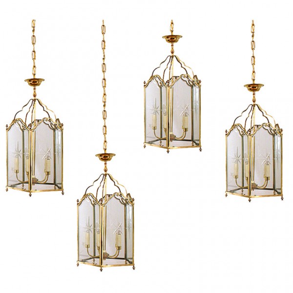 Set of Four Brass and Etched Glass 5-Light Lanterns