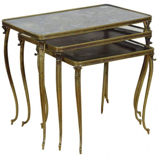 3 Brass Nesting Tables with Smoked Mirrored Glass