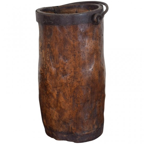 Carved Wood and Iron Bound Handled Bucket