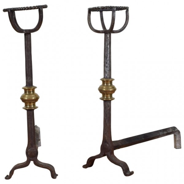 Wrought Iron and Brass Andirons