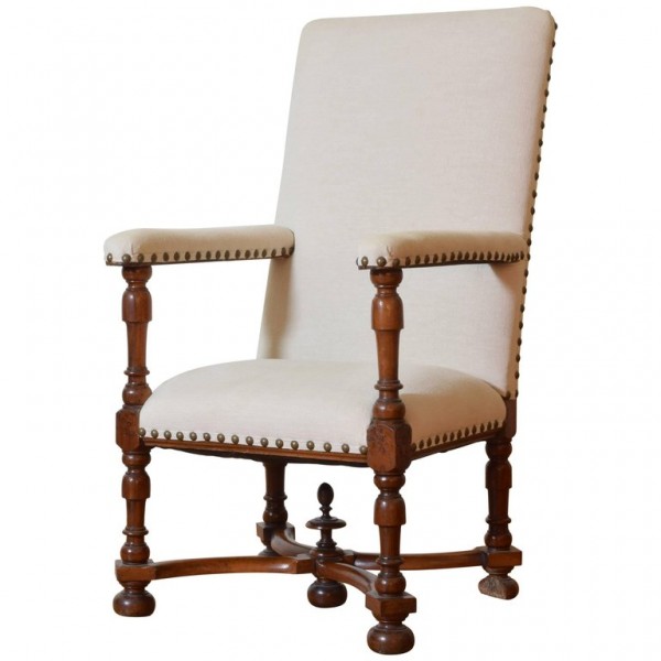 Large Carved Walnut and Upholstered Fauteuil