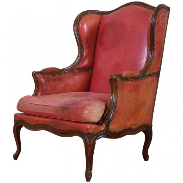 Walnut and Red Leather Upholstered Bergere
