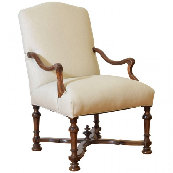 Carved Walnut and Upholstered Fauteuil