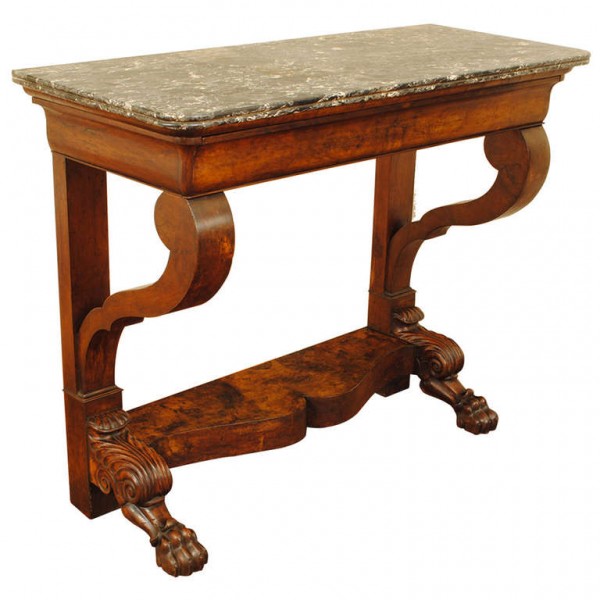 Carved Walnut 1-Drawer Console Table with Marble Top