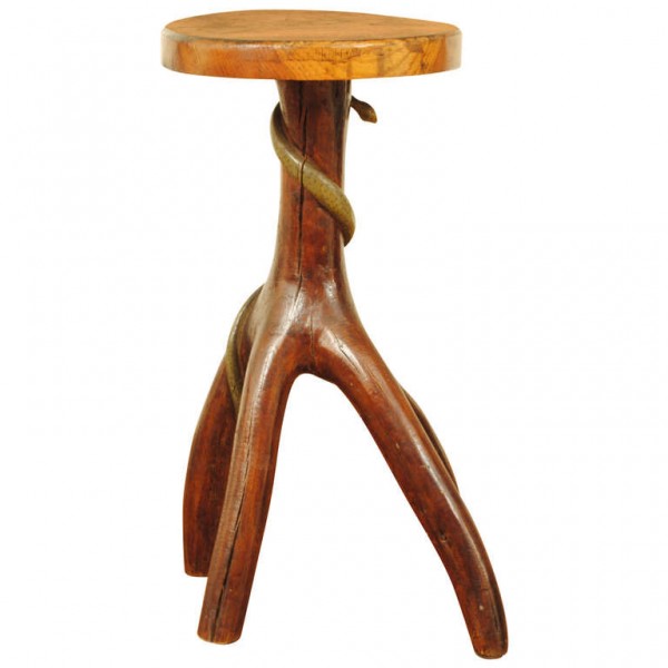 Stylized Carved Pedestal Table with Painted Snake