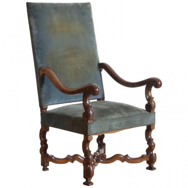 Carved Walnut Fauteuil with Carved X-Form Stretcher