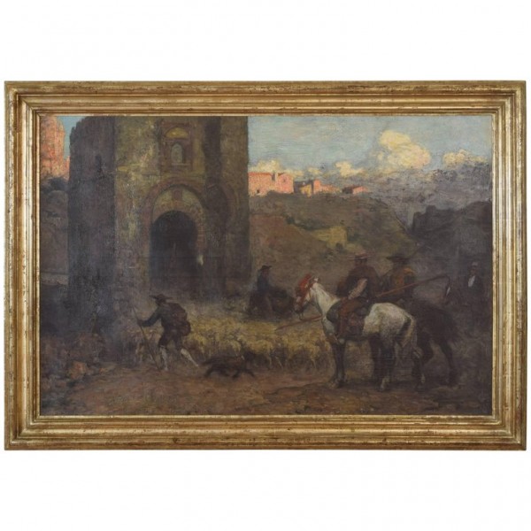 Oil on Canvas in Giltwood Frame, Spanish Herders, Gate of Valencia