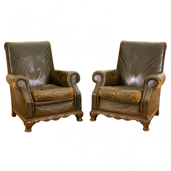 Pair of Dark Brown Leather Upholstered Club Chairs