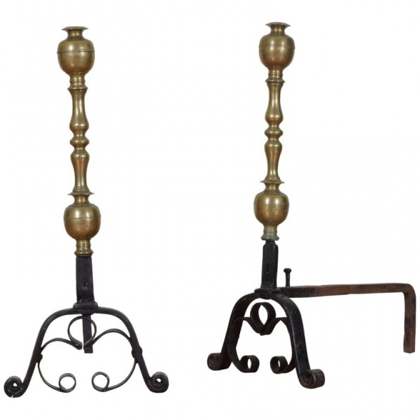 Pair of Wrought Iron Turned Brass Andirons