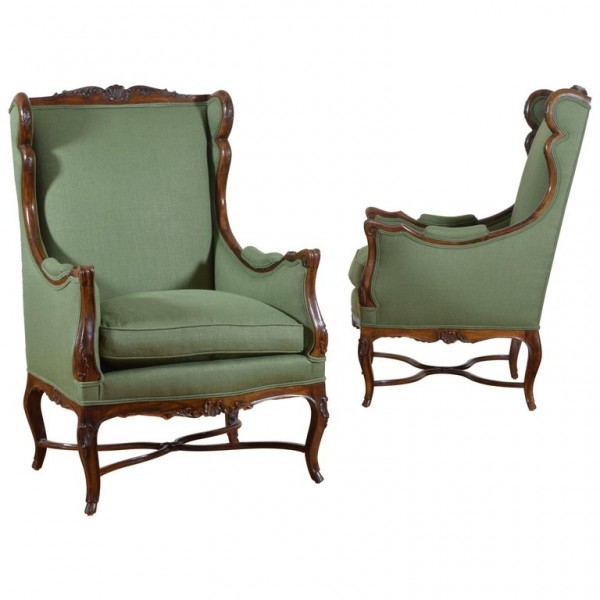 Pair of Large Carved Walnut Bergeres