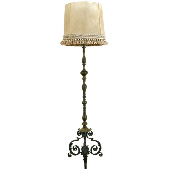 Turned Brass and Wrought Iron Tall Floor Lamp with Spanish Hide Shade