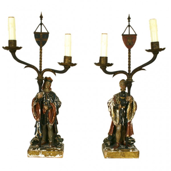 Pair of Finely Carved Polychrome Painted Figural Lamps