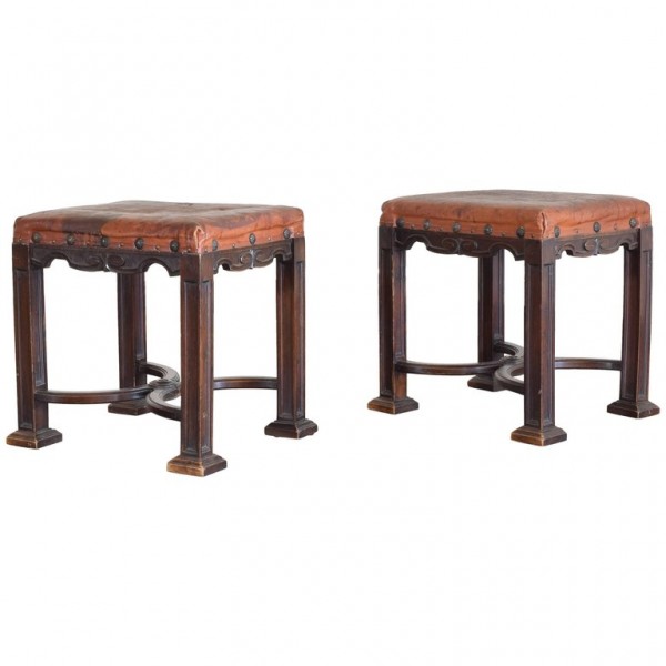 Pair of Walnut and Leather Upholstered Benches