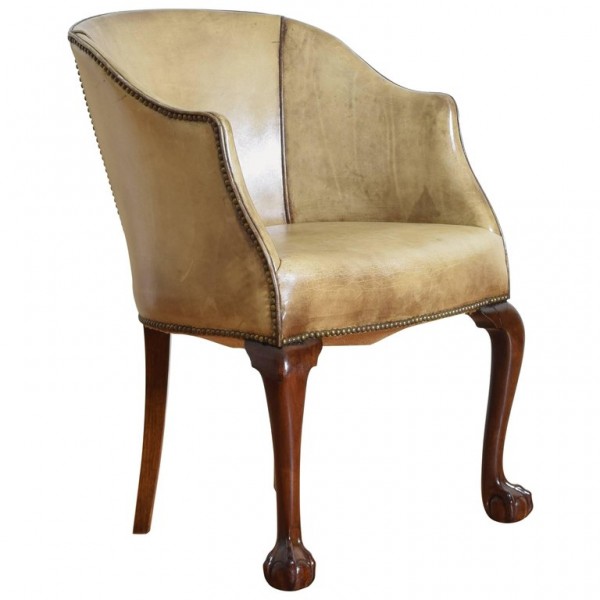Carved Walnut and Leather Upholstered Barrel/Desk Chair 