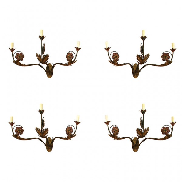 Set of 4 Wrought Iron and Giltmetal Polychrome 3-Light Wall Sconces