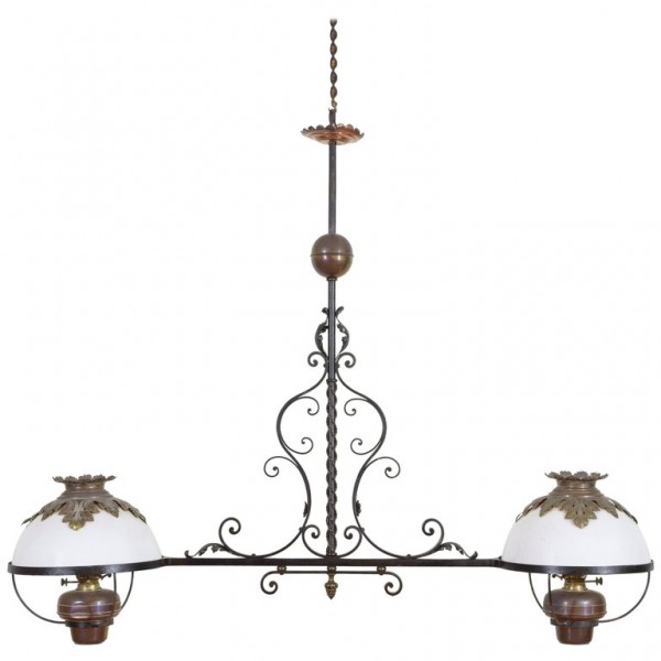 Wrought Iron, Brass, and Glass 2-Light Billiards Fixture