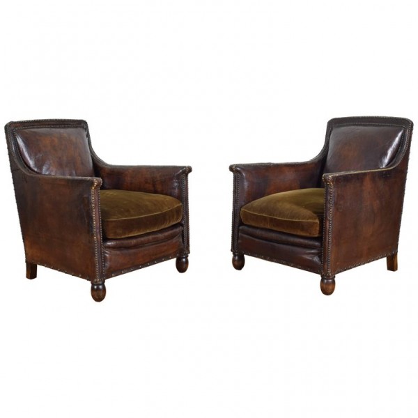 Pair of Leather and Velvet Upholstered Club Chairs