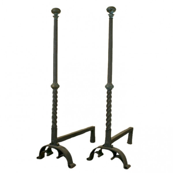 Pair of Tall Wrought Iron and Brass Andirons