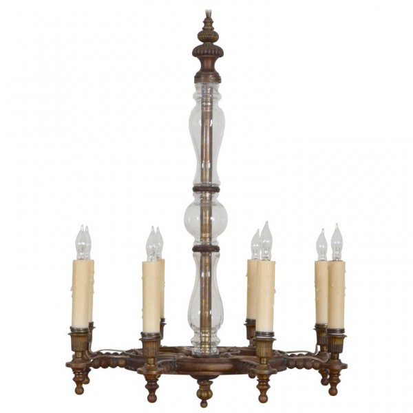 Cast Bronze and Blown Glass 8-Light Chandelier