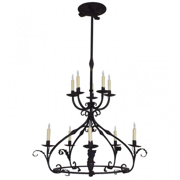 Large Wrought Iron 2-Tier, 10-Light Chandelier