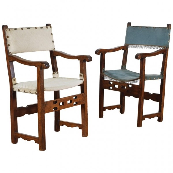 Pair of Walnut Open Armchairs with Pierced Stretchers