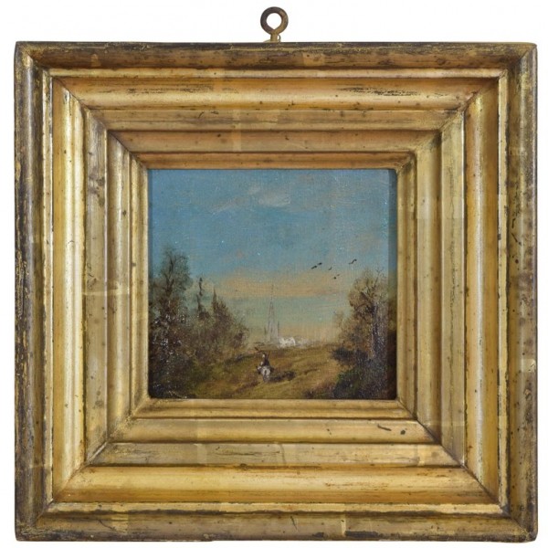 Small Oil on Board in Period Giltwood Frame, Horseman Approaching Harbor