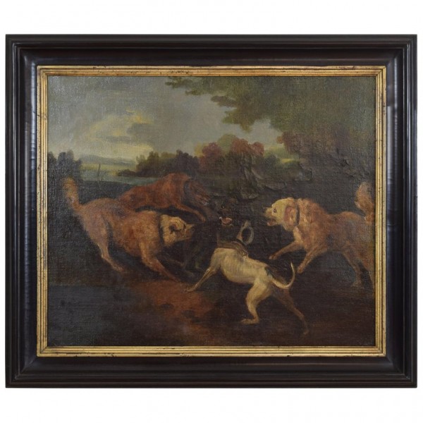 Oil On Canvas, "Bataille de Chiens" in Period Ebonized Frame