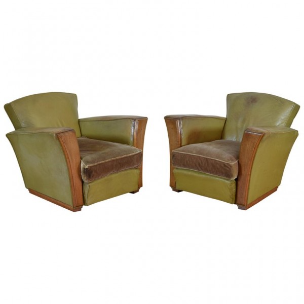Pair of Light Green Leather Upholstered and Wooden Club Chairs