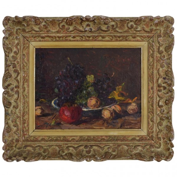 Signed Oil on Artist Panel, Fruit Still Life, Carved Frame