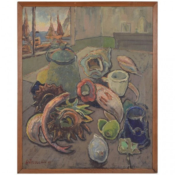 Oil on Board, Kitchen Still Life with Harbor View