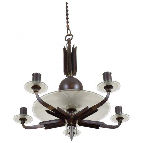 Sculptural 5-Light Brass and Glass Chandelier