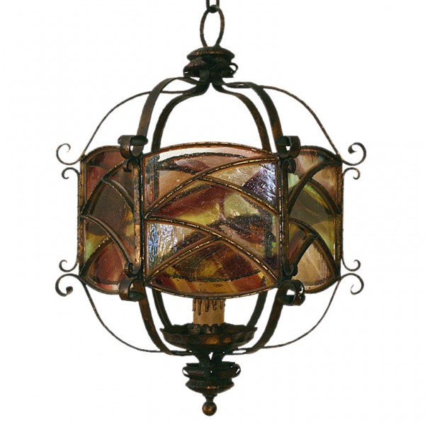Gilt and Wrought Iron Stained Glass Lantern