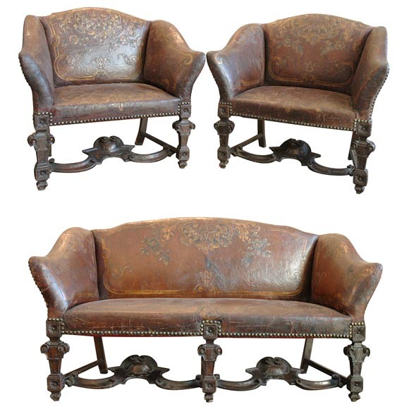 3 Piece Set of Leather Upholstered Walnut Seating
