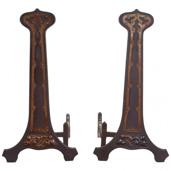 Pair of Cast Iron and Copper Andirons