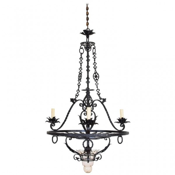 Wrought Iron and Glass 4-Light Chandelier