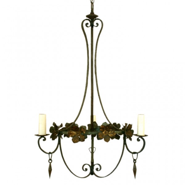 Wrought Iron and Painted 3-Light Chandelier