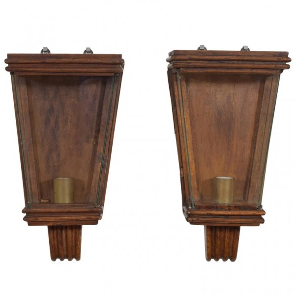 Pair of Oak, Brass, and Glass 1-Light Wall Sconces