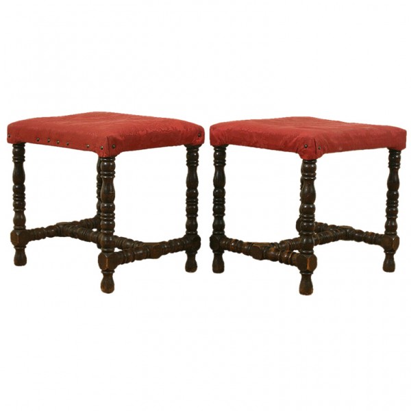 Pair of Oak and Upholstered Benches