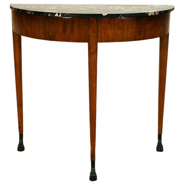 Walnut and Ebonized Marble Top Demilune Console