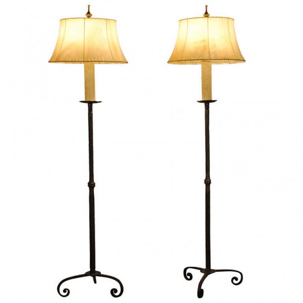 Pair of Wrought Iron Floor Lamps with Leather Shades