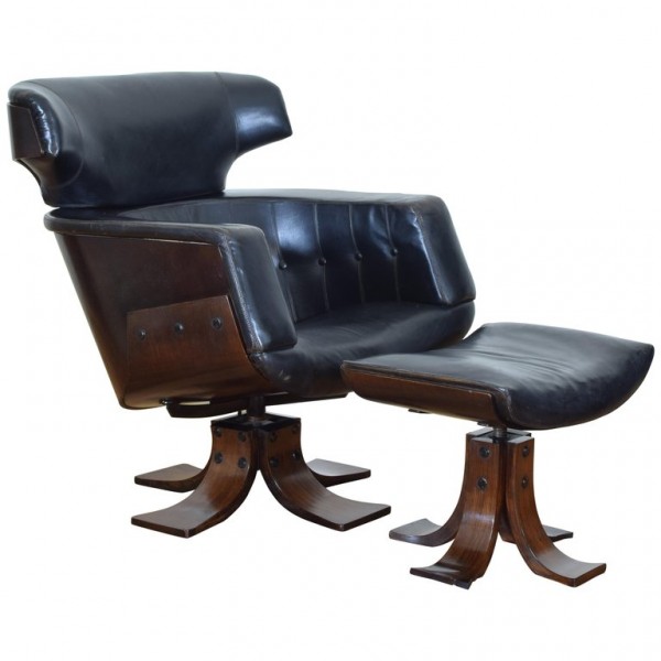 Rosewood and Leather Upholstered Armchair and Ottoman