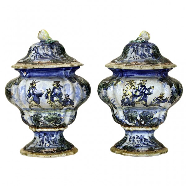 Pair of Old Savona Porcelain Covered Urns