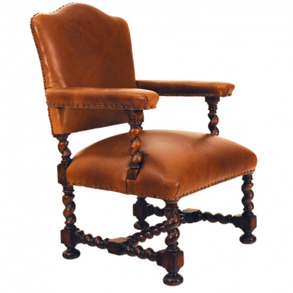 Walnut Open Armchair Upholstered in Leather