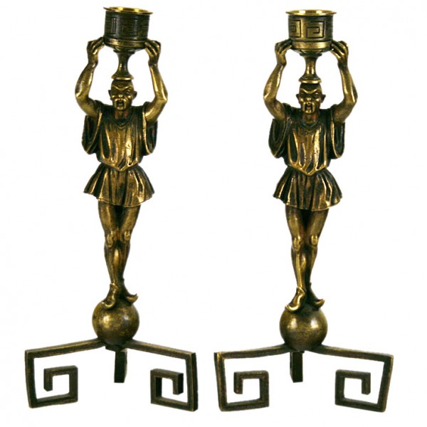 Whimsical Pair of Patinated Bronze Figural Candlesticks