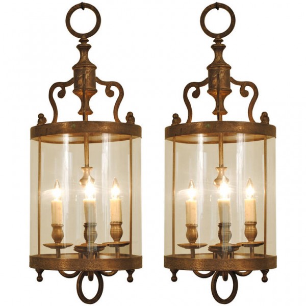 Pair of Brass 3-Light Hanging Lanterns