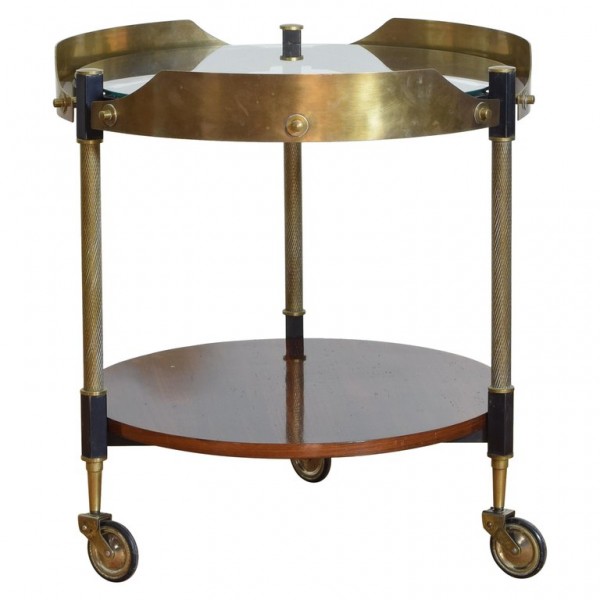 Round Brass, Glass, and Macassar 2-Tier Bar Cart