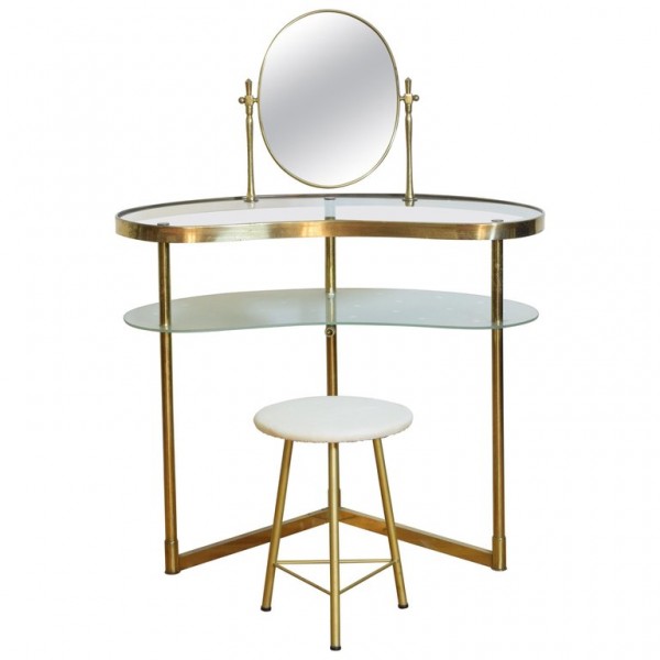 Brass and Glass Vanity Table with Stool