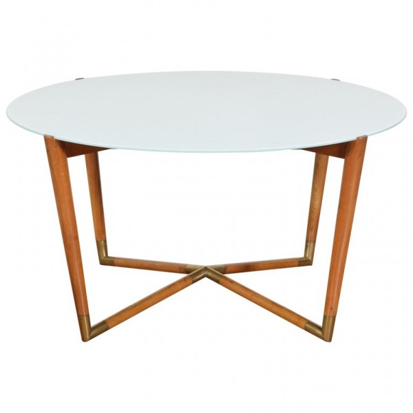 Light Walnut, Brass, and Glass Coffee Table