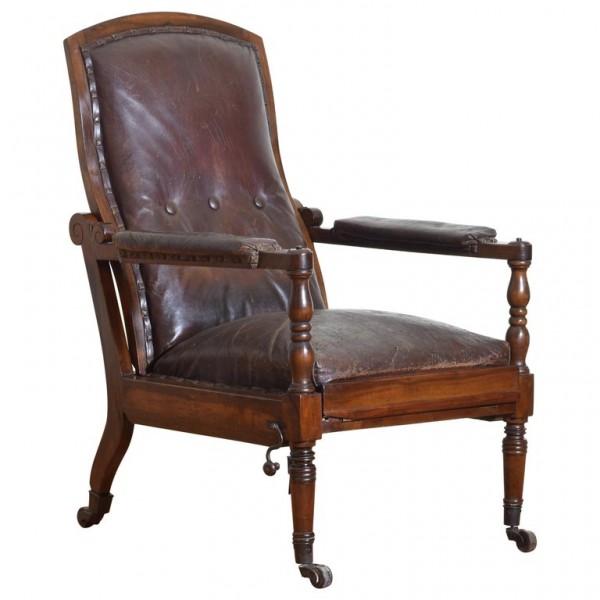 Mahogany and Leather Upholstered Metamorphic Reclining Armchair