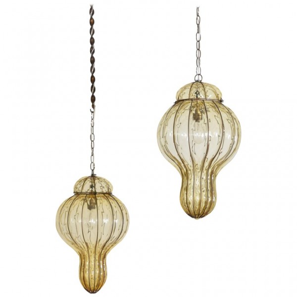 Pair of Blown Glass and Metal Hanging Lanterns